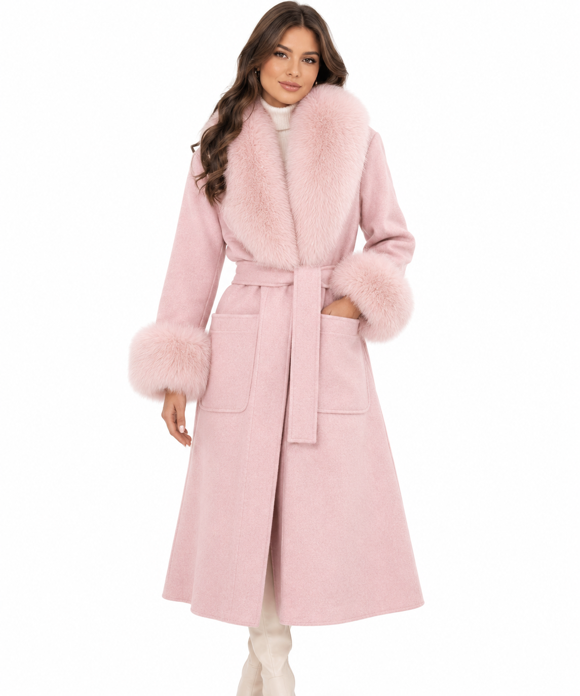 Elegant 100% Wool Coat with Fur Collar - Image 3