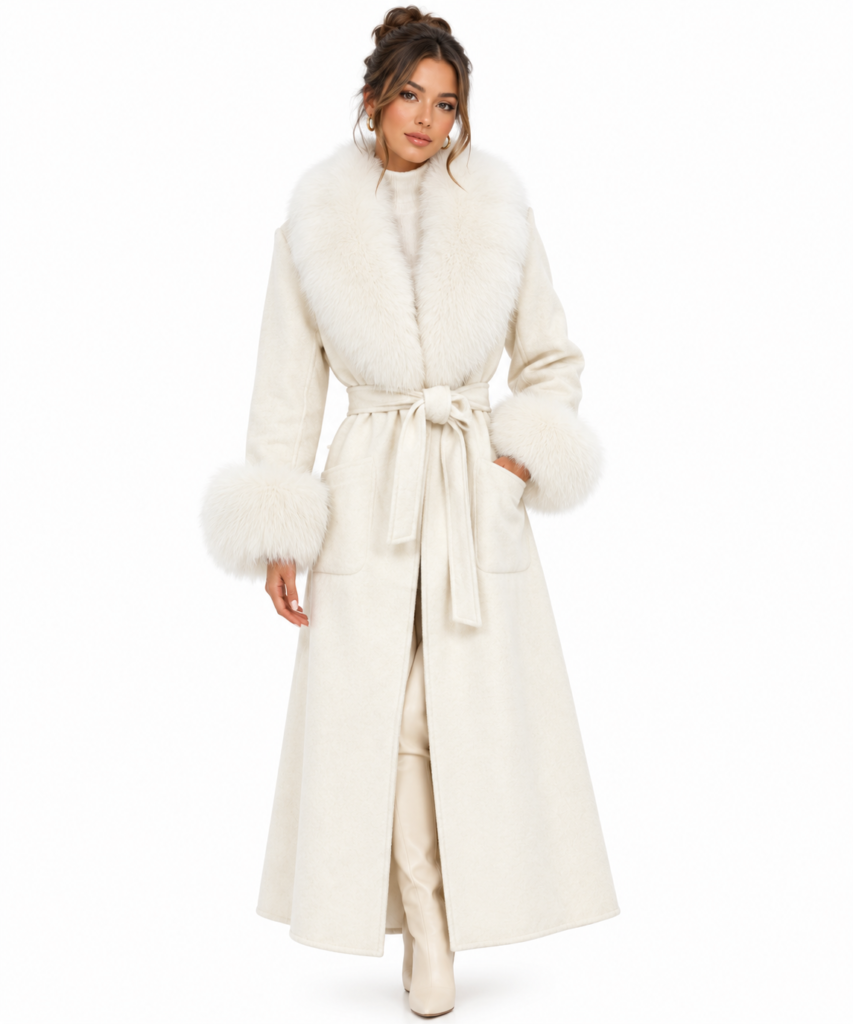 Elegant 100% Wool Coat with Fur Collar